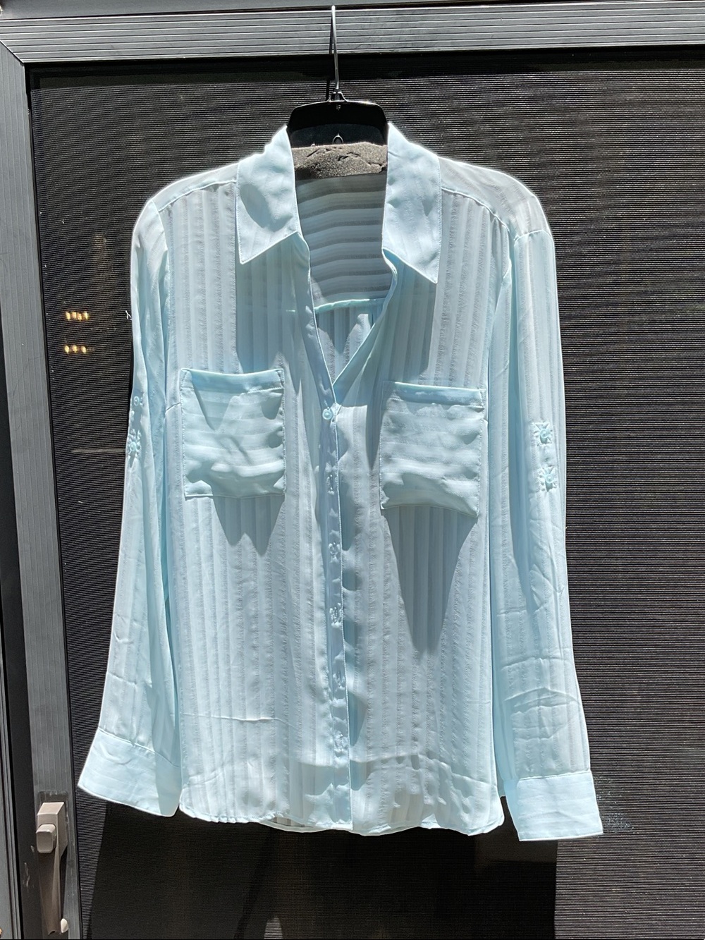 Express Light Blue Button-Up Sheer Blouse